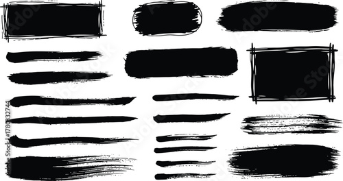 Mega bundle of different ink brush strokes:rectangle,square and round freehand drawings.Ink splatters,grungy painted lines,artistic design elements:waves,circles,triangles.