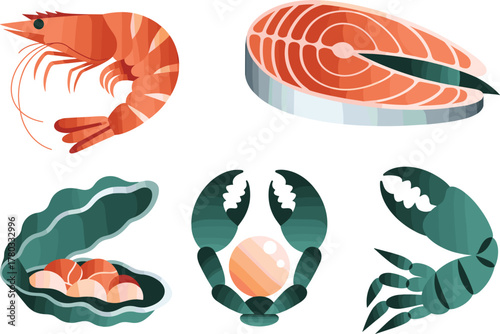 Seafood Collection With Shrimp Salmon Oyster Crab Claw And Pearl prawn fish