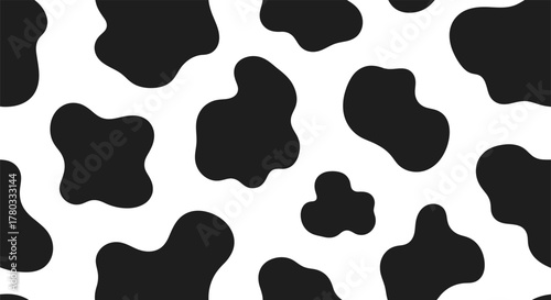 Coww texture. Seamless pattern woth repeated black and white lactic. Print with spot cow skin. Milk pattern.