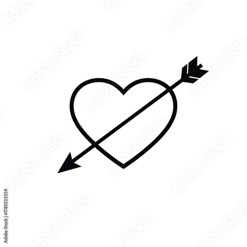 Black heart with arrow silhouette isolated on white background