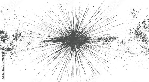 Dark grey abstract starburst pattern with scattered dust particles on white background black