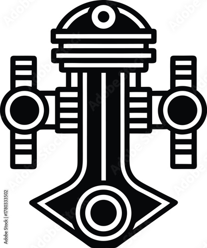 Abstract mechanical device with tubes and circular elements in black outlines