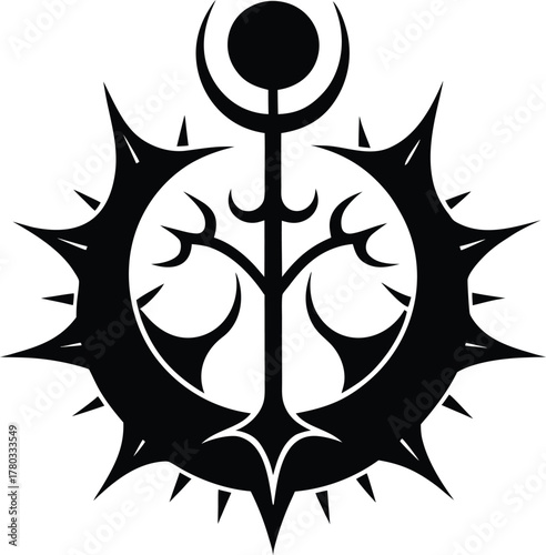 Abstract dark nature symbol with thorns and crescent moon for growth and power concept