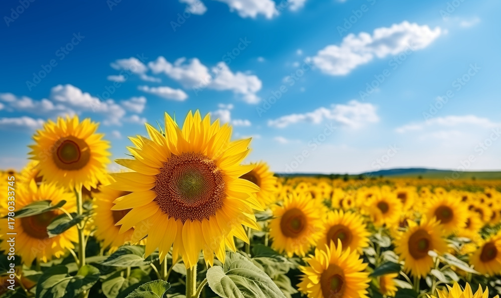 Obraz premium Sunflower field with cloudy blue sky. Sunflowers landscape