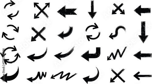set of hand drawn abstract distress grunge brush arrows, set of black and white silhouettes of various brushed strokes, Hand-drawn collection of various arrow and brush set.