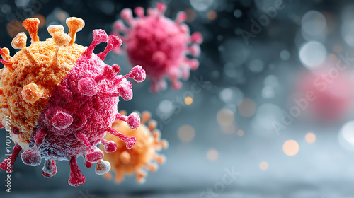 Creative 3d rendering of diverse virus strains interacting, symbolizing mutation theory, immunity, and evolutionary biology.