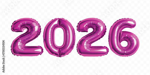 realistic 3d 2026 typography made by with different color foil balloons isolated on transparent background