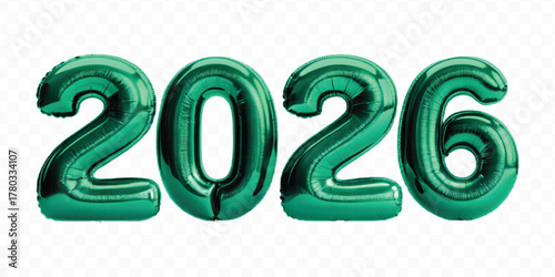 realistic 3d 2026 typography made by with different color foil balloons isolated on transparent background