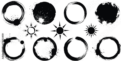 Mega bundle of different ink brush strokes:rectangle,square and round freehand drawings.Ink splatters,grungy painted lines,artistic design elements:waves,circles,triangles.