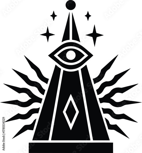 Abstract pyramid design with an all-seeing eye, stars, and radiating sunbeams