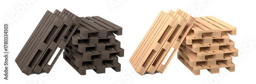 Set of wooden pallet for warehouse cargo storage isolated on white background.