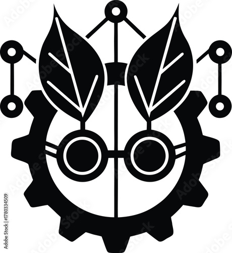 Bioengineering symbol combines natural leaves with mechanical gear and circuit lines
