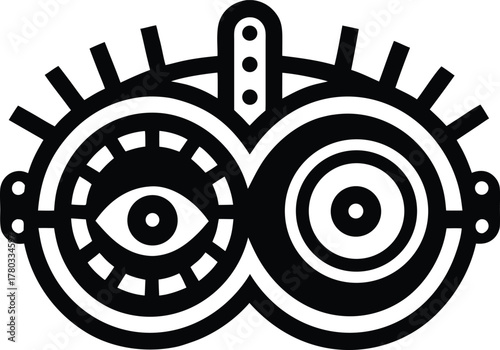 Abstract robotic mask with a single open eye showing internal mechanisms