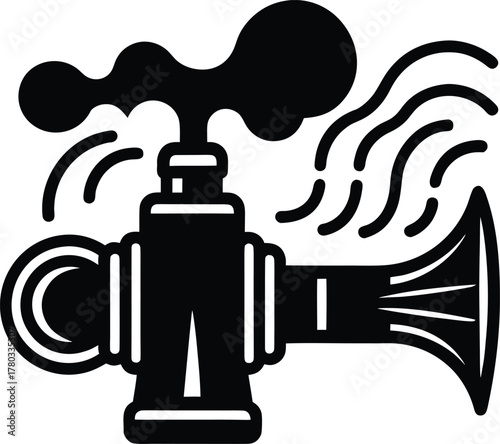 Industrial horn with steam and sound waves black and white line art