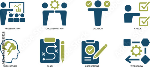 Smart business flow icon set showing teamwork, planning, workflow, and productivity concepts. Perfect for corporate presentation, strategy, and management projects.
