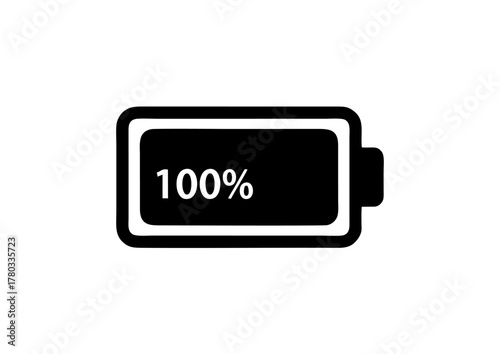 Minimal black vector illustration of charged battery icon, isolated on white background, perfect for technology, power management, energy storage, and eco-design themes.