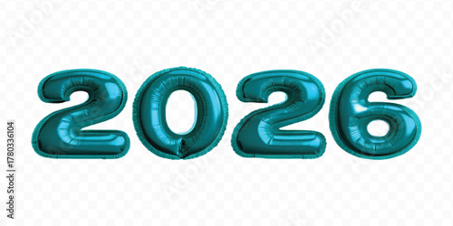 realistic 3d 2026 typography made by with different color foil balloons isolated on transparent background