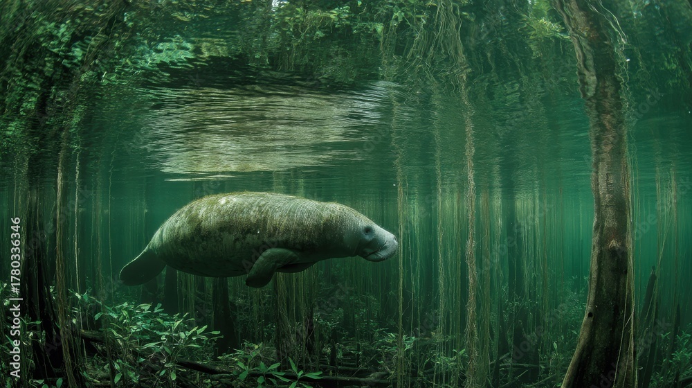 Fototapeta premium Manatee Swimming in Clear Freshwater Bayou
