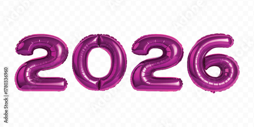 realistic 3d 2026 typography made by with different color foil balloons isolated on transparent background