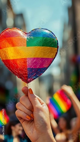 Colorful heart symbol supports pride at vibrant parade in city streets during summer celebration