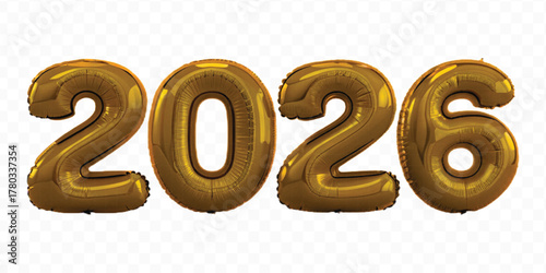 realistic 3d 2026 typography made by with different color foil balloons isolated on transparent background