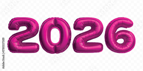 realistic 3d 2026 typography made by with different color foil balloons isolated on transparent background