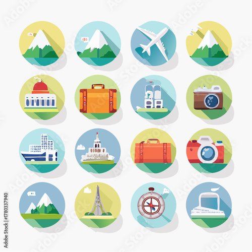 Flat web travel icons collection featuring vector symbols of house, car, and business elements
