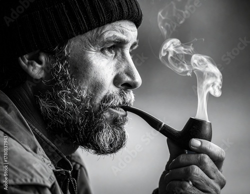 AI Generated - A moody black and white image of a rugged fisherman smoking a pipe