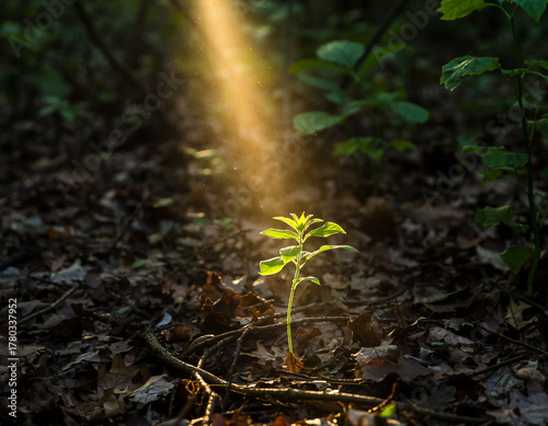 AI Generated - a tree sapling growing  out of the forest floor with a ray of light shining down on it