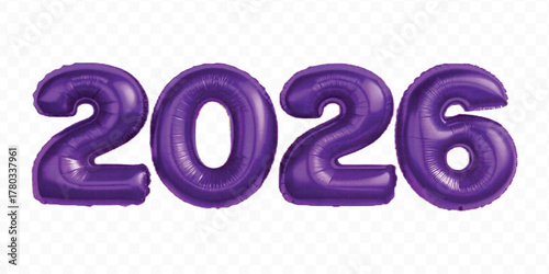 realistic 3d 2026 typography made by with different color foil balloons isolated on transparent background