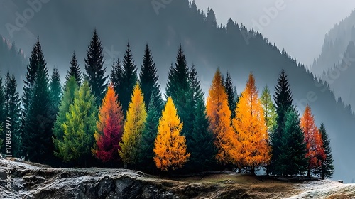 A mountainous landscape with autumn trees, showcasing nature's seasonal beauty and scenic diversity.