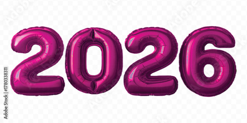 realistic 3d 2026 typography made by with different color foil balloons isolated on transparent background