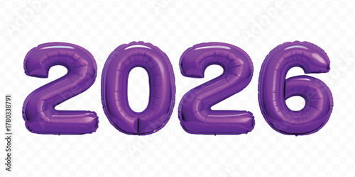 realistic 3d 2026 typography made by with different color foil balloons isolated on transparent background