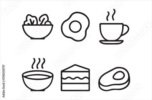 Simple black and white line icons depicting breakfast and meal items