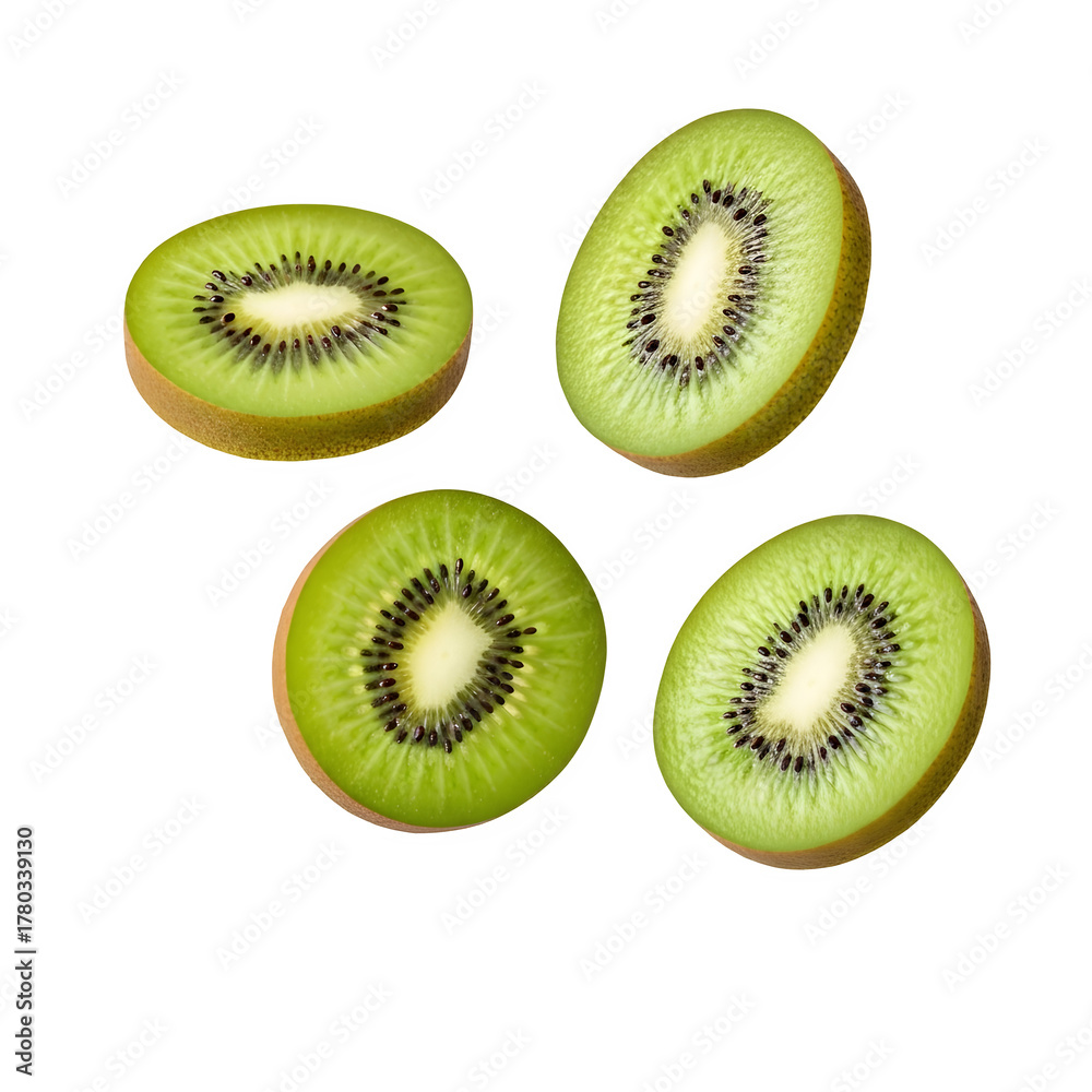 Fototapeta premium Four slices of fresh kiwi fruit floating in the air, isolated on white or transparent background, PNG Format.