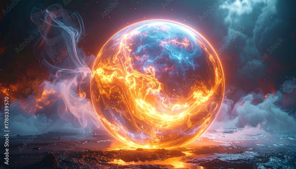 Obraz premium Glowing sphere emits vivid orange & blue light against a moody, smoky backdrop