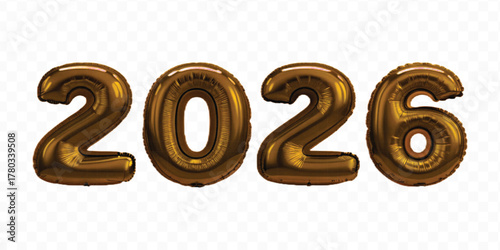 realistic 3d 2026 typography made by with different color foil balloons isolated on transparent background