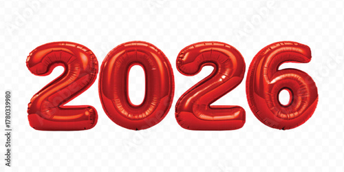 realistic 3d 2026 typography made by with different color foil balloons isolated on transparent background