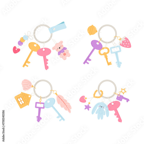 Keychains rings with cute charms and keys. Funny trinkets set. Modern pendants, accessories. Vector childish illustration. 