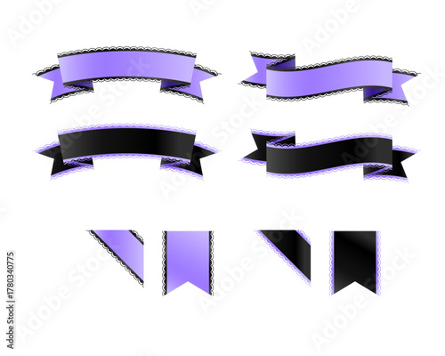 華やかなパープル＆ブラックのグラデーションリボンセット - レース縁取り、エレガントなゴシック調ベクター素材