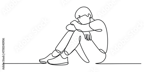 Continuous line drawing of a sad man sitting alone in thought