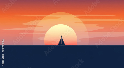 A serene sunset scene with a sailboat sailing on the calm ocean waters.