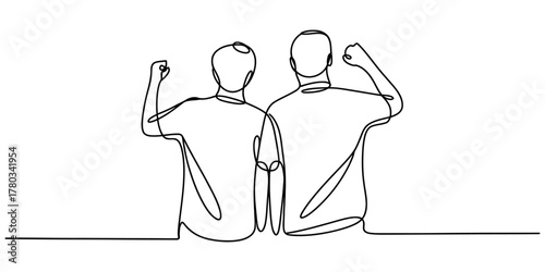 Continuous line art of two people with raised fists, unity concept