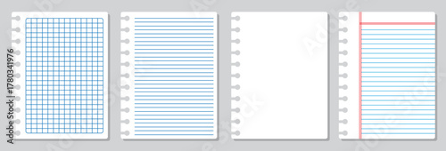 Realistic workbook paper sheets. Mockup sheets of paper torn from a notebook. Set of Blank and Lined Notebook Pages – Black and White Interior Vector Template.