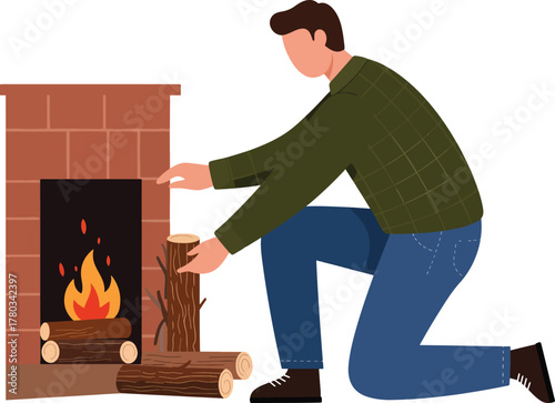 Cozy home scene with man tending fire in brick fireplace. Warmth, home decor, hygge living, winter concept, cozy atmosphere.