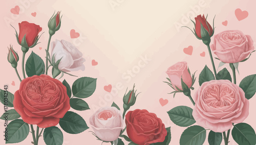 Elegant romantic rose flower banner with love symbols and decorative flourishes