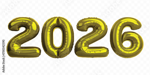 realistic 3d 2026 typography made by with different color foil balloons isolated on transparent background