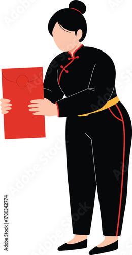 Black dressed woman with red gift envelope, perfect for chinese new year designs, giftgiving concepts, asian culture, festive celebrations.