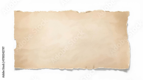 A torn piece of aged paper lies isolated against a white background, showcasing texture and age, perfect for design elements or adding a vintage aesthetic.