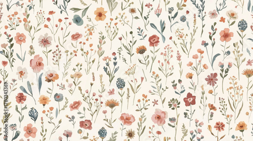 A beautiful watercolor floral pattern showcases a variety of wildflowers in soft hues, creating an elegant and delicate design perfect for backgrounds and textiles.